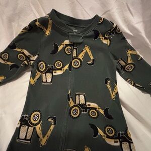 Used Carter's Dark Green pajamas with yellow construction vehicles. 24 Months
